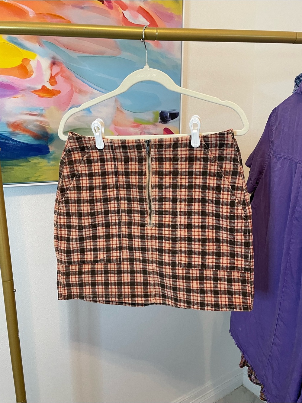 Pink Plaid Mini Skirt with Front Zip Detail size 8